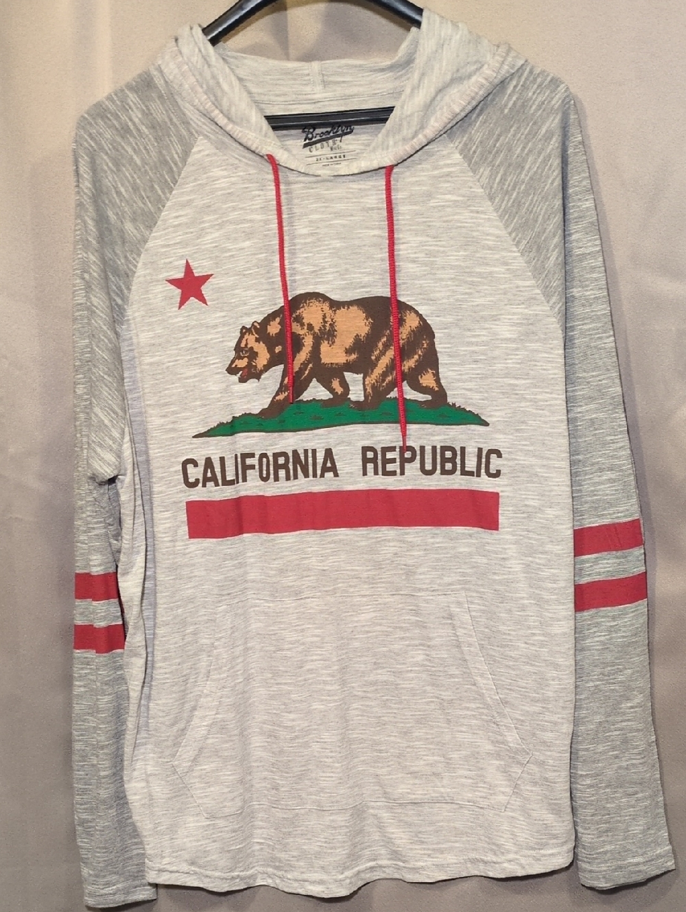 California Republic By Brooklyn Cloth Light Gray Hoodie with Red Drawstrings